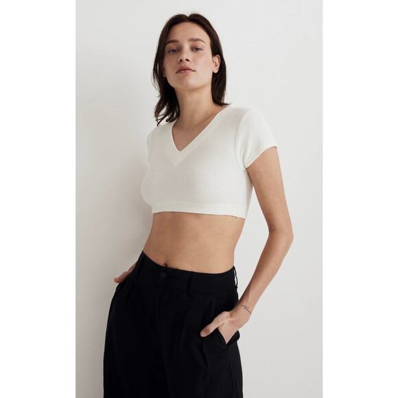 Madewell V-Neck Crop Textured Tee in Lighthouse Cream Size XL - Picture 1 of 10